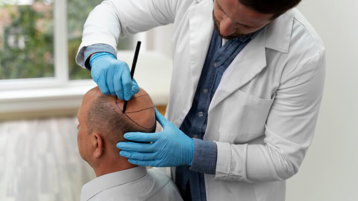 Mature man undergoing hair transplant procedures