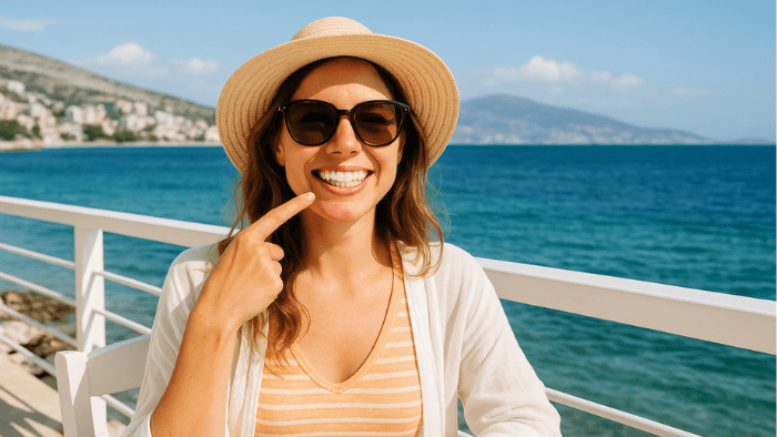 A girl showing off her teeth that have had dental implants