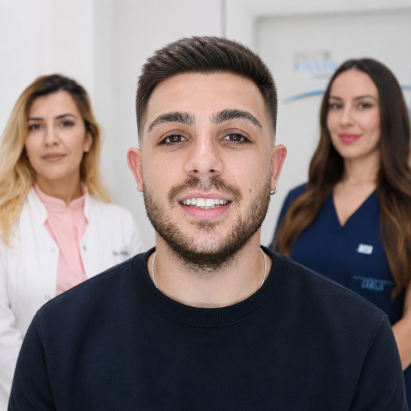 Paziente con due specialisti della clinica di trapianto di capelli a Tirana
