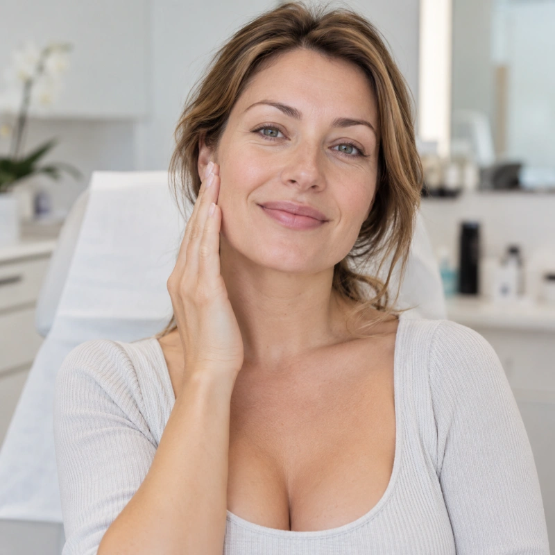 Donna sorridente con la mano sulla guancia in uno studio medico